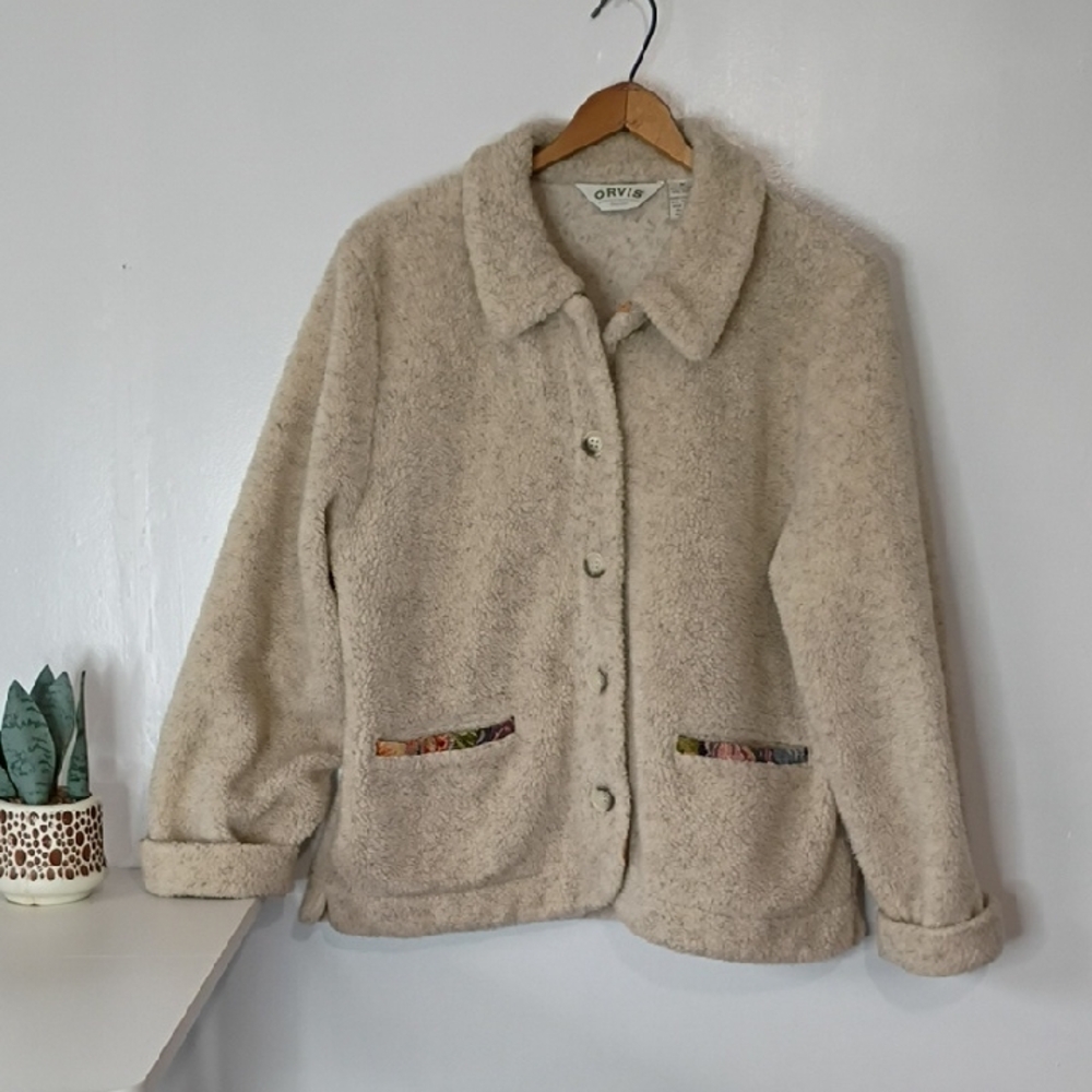 Orvis Tan Teddy Jacket Women’s Medium Needlepoint Embroidery Button Up